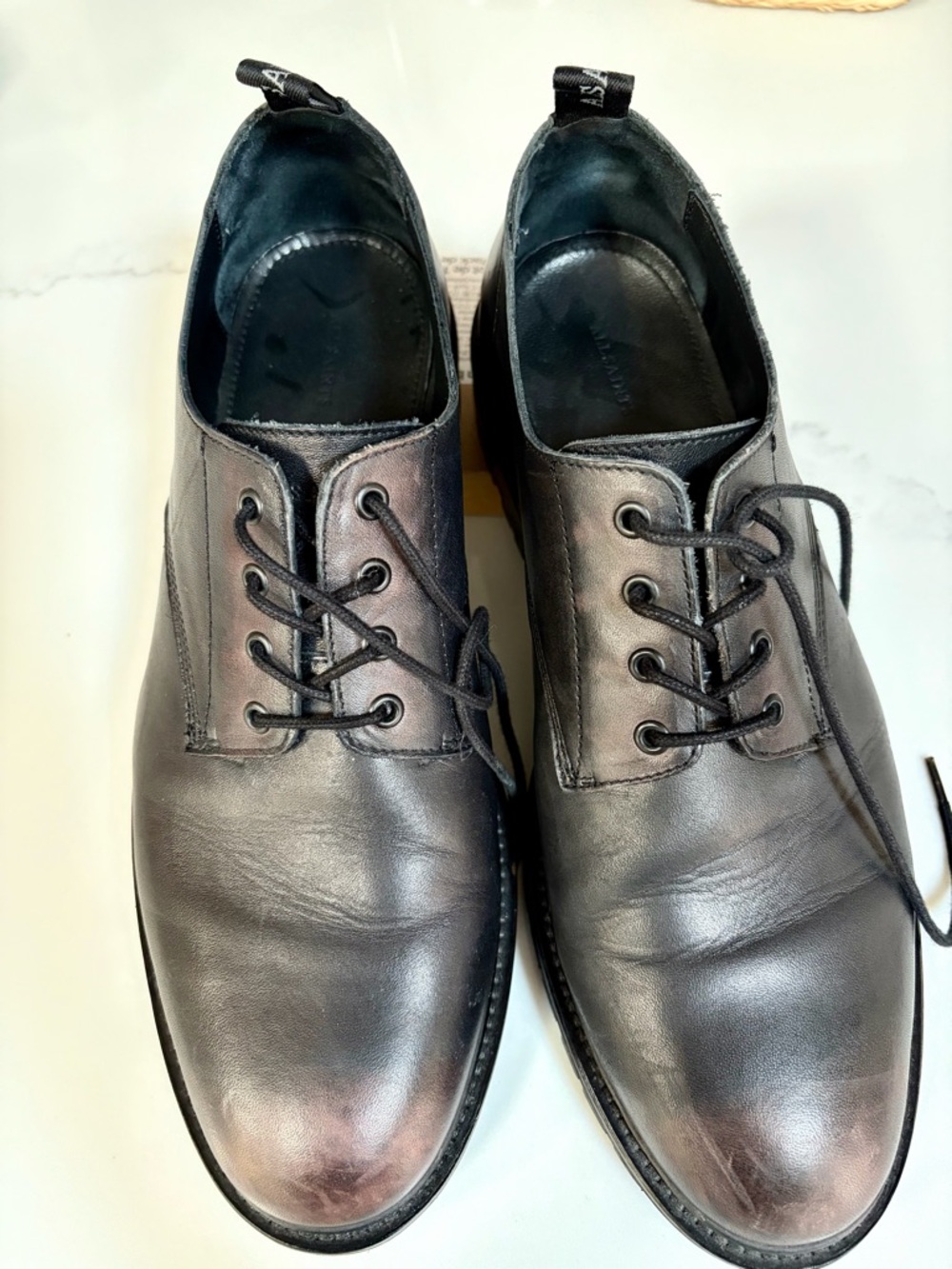 AllSaints Distressed Black/Brown Leather Skiff/Derby, Lug Sole Size 11.5/45